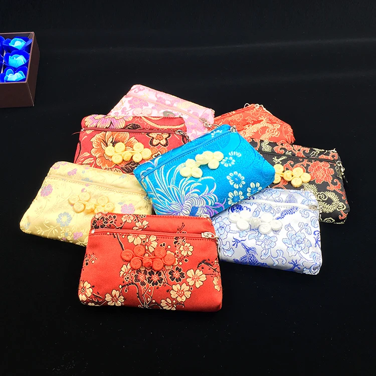 Small Womens Double Zipper Wallet Silk brocade Jewelry Pouch Gift Packaging Chinese knot Small Craft Bags Coin Purses 10pcs/lot