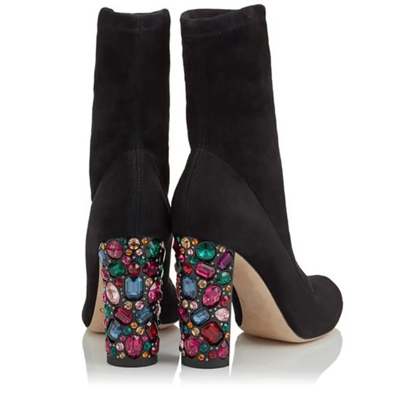 Black Stretch Suede Booties Slim Block Embellished Heels Multi Rhinestones Short Boots Thick High Heel Luxury Brand Women | Обувь