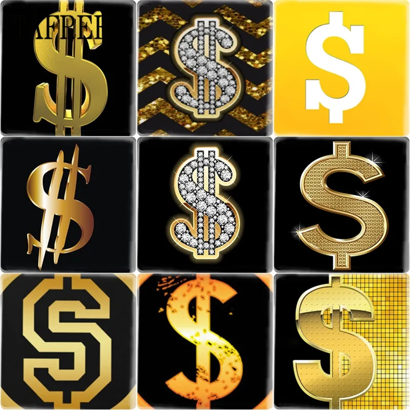 

TAFREE Gold Color US Dollar Sign Symbol Pattern 25mm Square Shape Glass Cabochon & Glass Gems Cameo Settings Jewelry Findings