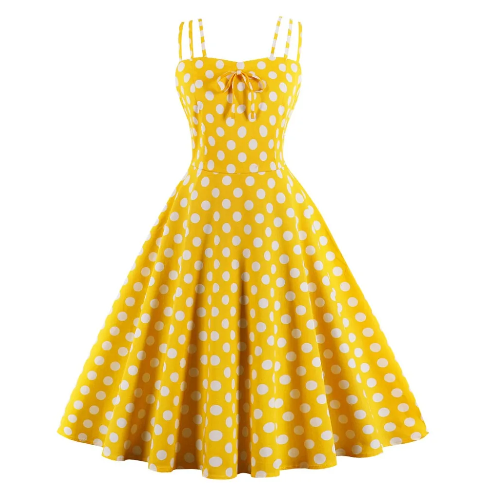 

Polka Dot Vintage 1950s Yellow Dress Plus Size 4xl Women Summer Elegant Strap Pin up 60s Tunic Summer Rockabilly Cotton Dresses