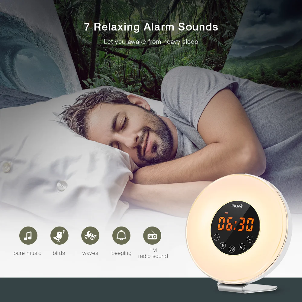Светильник-будильник Inlife Wake-Up с fm-радио, отображение времени, Сенсорный режим, светодиодный индикатор времени, функция повтора, Ночной светильник, цвет RGB