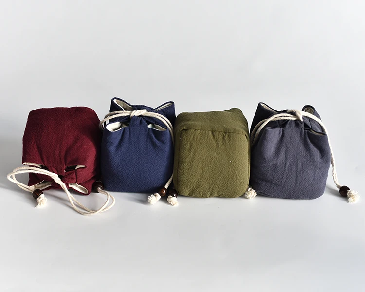 Square Bottom Thicken Linen Jewelry Travel Pouch Cloth Drawstring  Bags Cotton filled Portable Small Cup Tea Set Storage Pouch