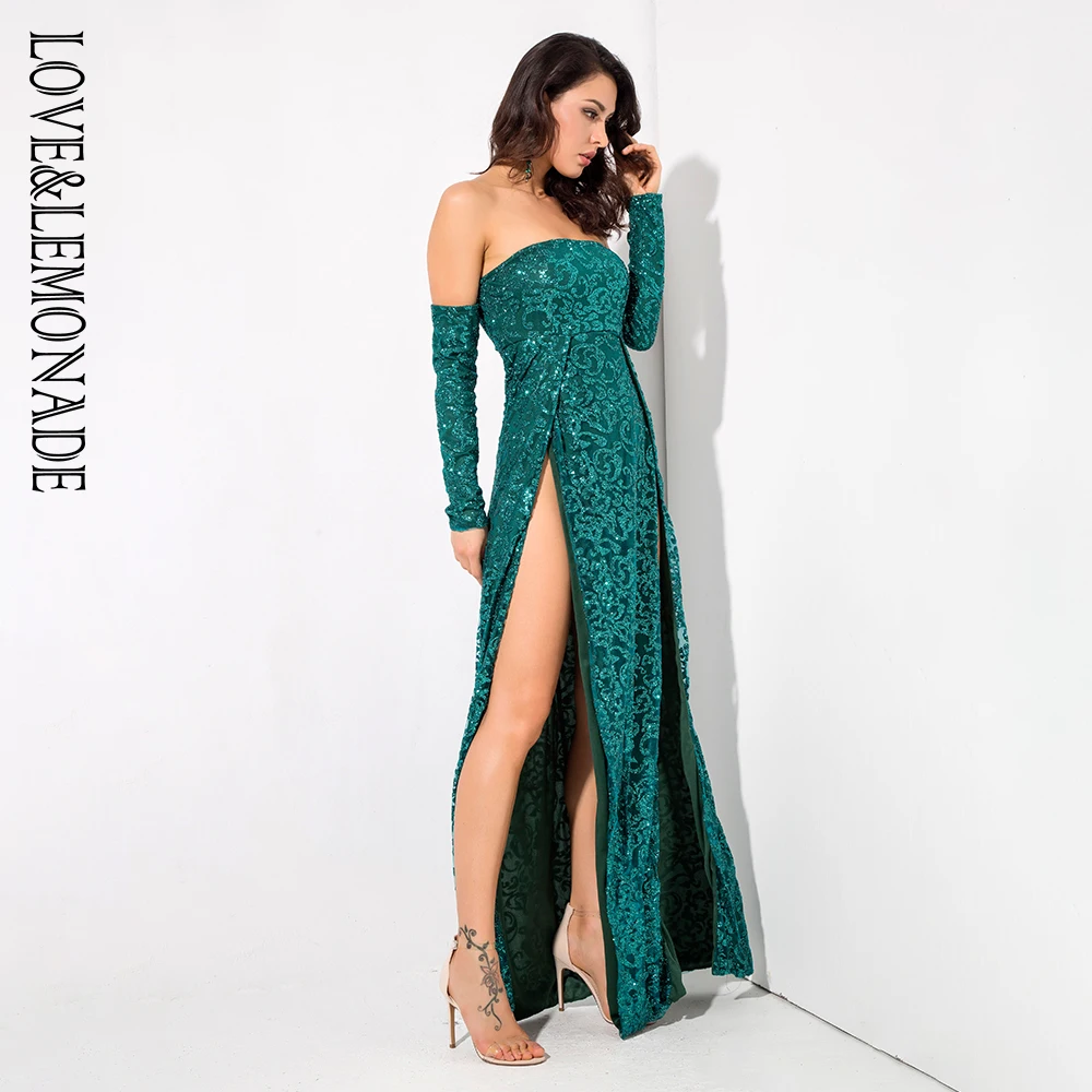Зеленое Длинное платье с длинными рукавами и разрезом LOVE & LEMONADE LM81038|Женские