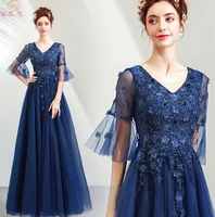 navy blue long prom dress 2019 new v neck three quarter sleeve vestido de gala appliques beads lace up formal evening party gown
