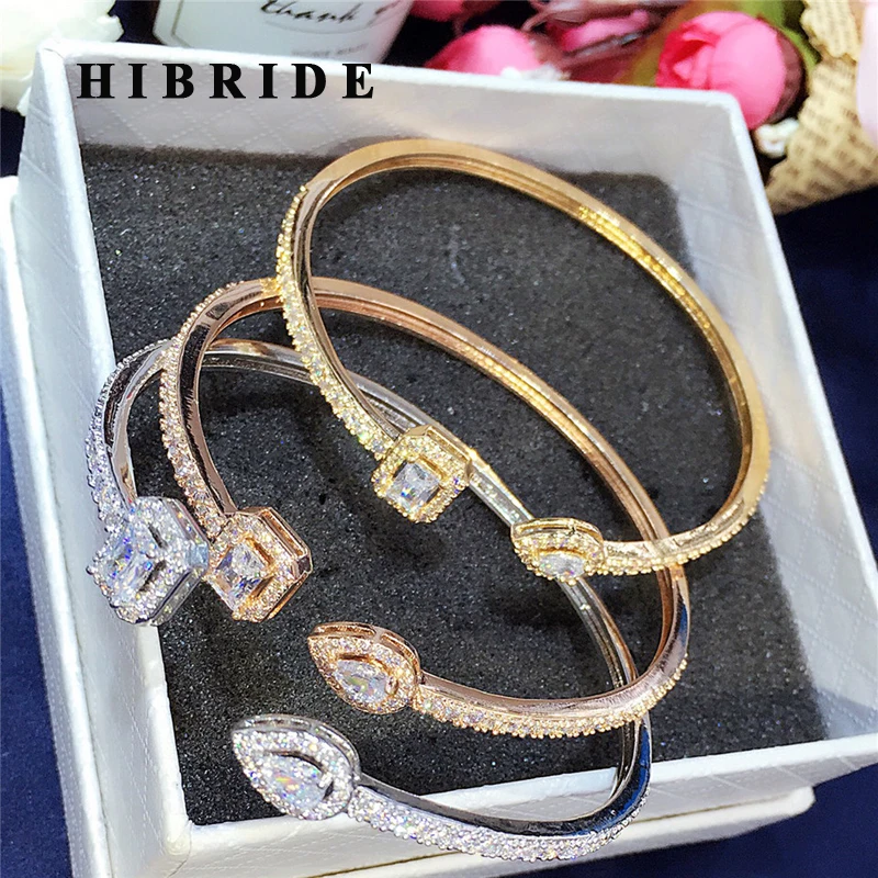 

HIBRIDE Luxury AAA Cubic Zircon Pave Open Cuff Bangles&Bracelets Baguette Gold-Color Women Bangle Gifts Nigeria bijoux B-118