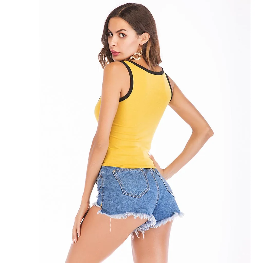 Женский летний однотонный спортивный топ с круглым вырезом без рукавов Короткие