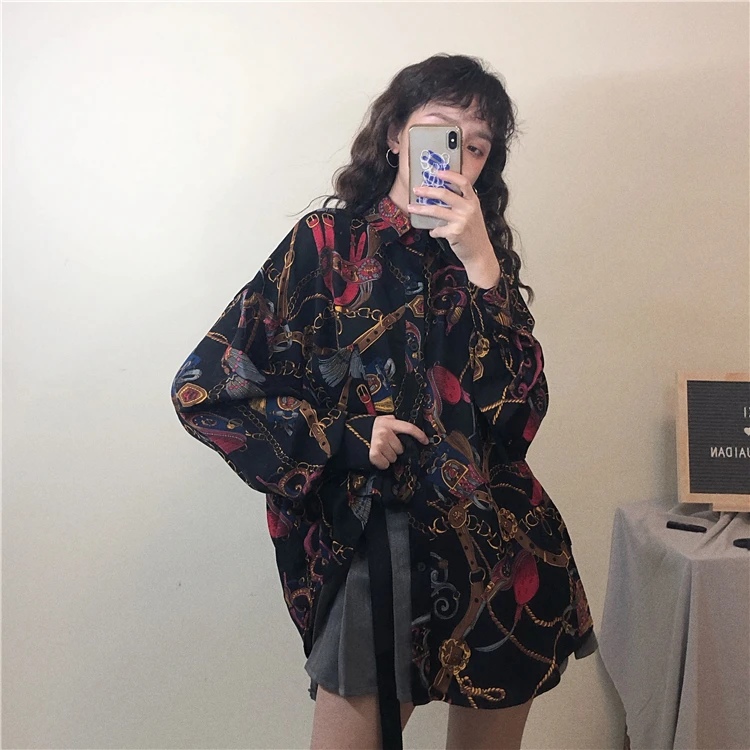 Korobov Harajuku женская блузка Ulzzang с мультяшным принтом женская рубашка уличная Свободная Повседневная с длинным рукавом Mujer Blusas 77284