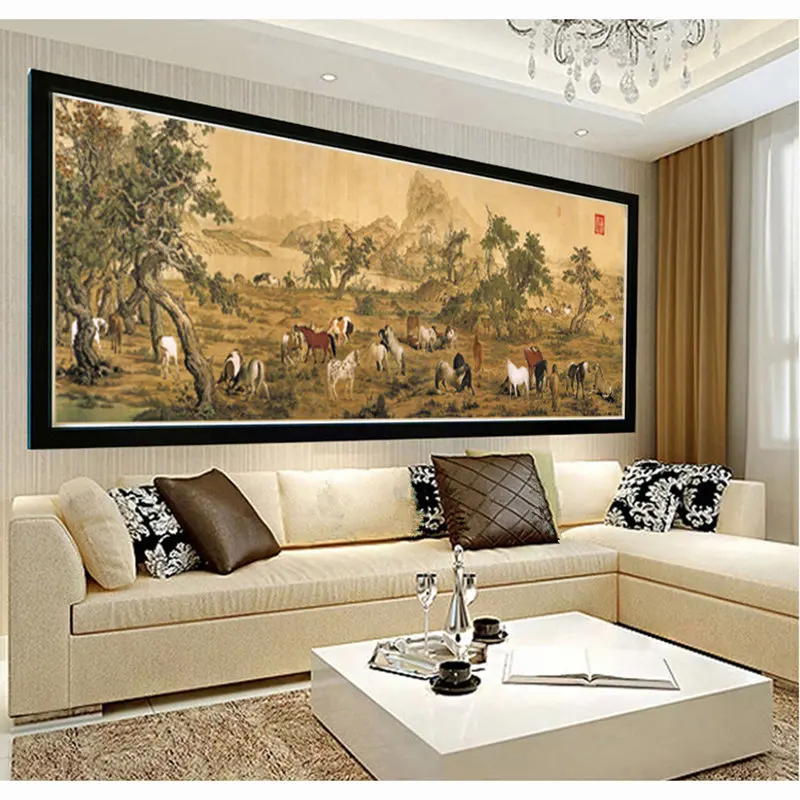 QIANZEHUI Рукоделие сделай сам печать сотни лошадей панорамный пейзаж для вышивки