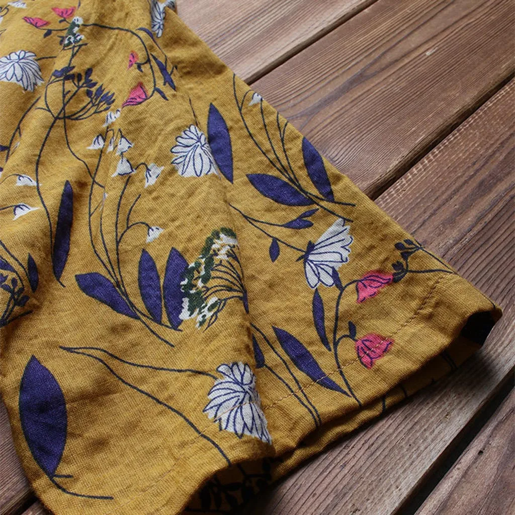 Women Summer Dress Pleated Leaves Floral Print O-Neck Short Sleeve Vintage Maxi Dress Female Fashion Vestidos Plus Size M40