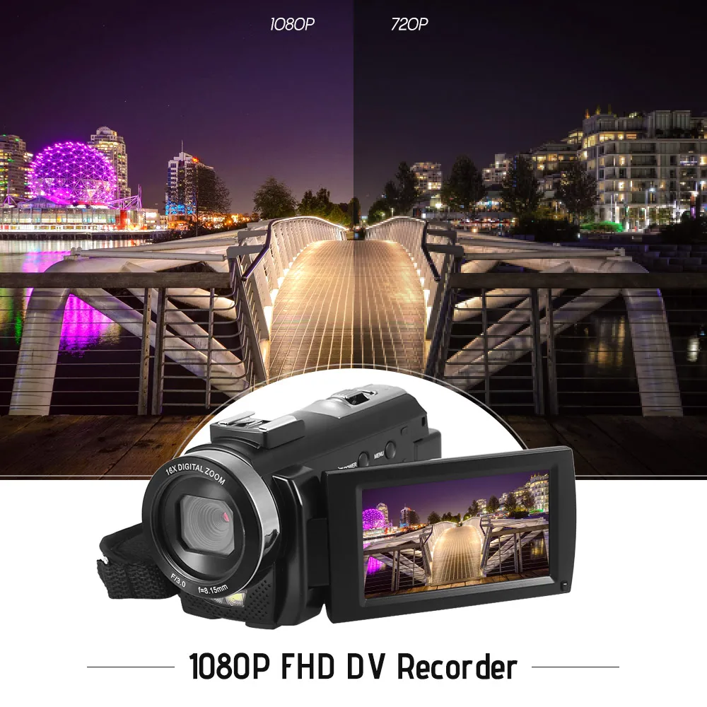 Andoer 1080p Fhd Цифровая видеокамера Dv рекордер 24mp 16x цифровой зум с 2 шт аккумуляторами 3,0 дюймовый ЖК-экран