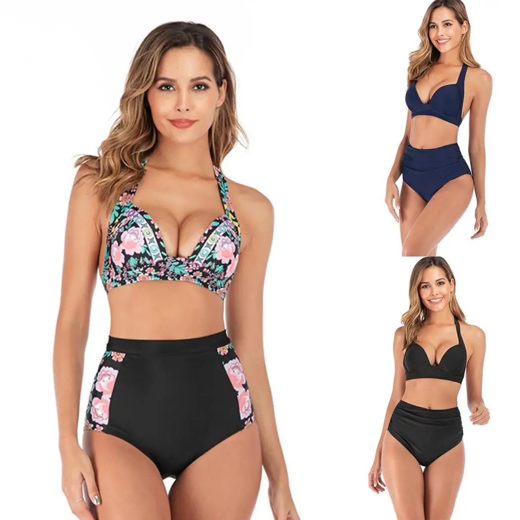 Women Summer Floral Printing High Waist Wire Free Bikini Two Casual Pool Beach Piece Slim Padded Swimsuits |