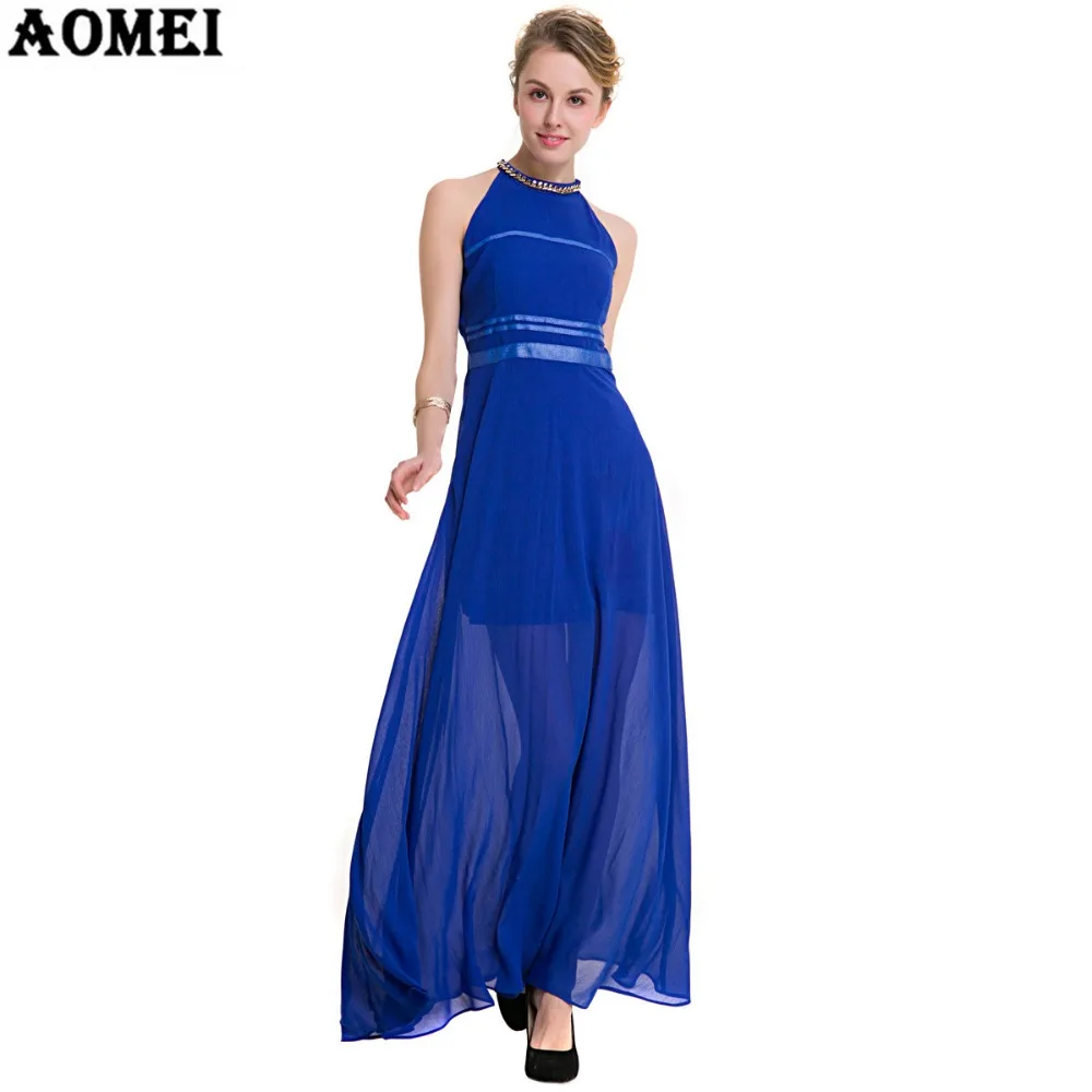 Женское шифоновое макси платье красного и синего цвета с блестками украшения