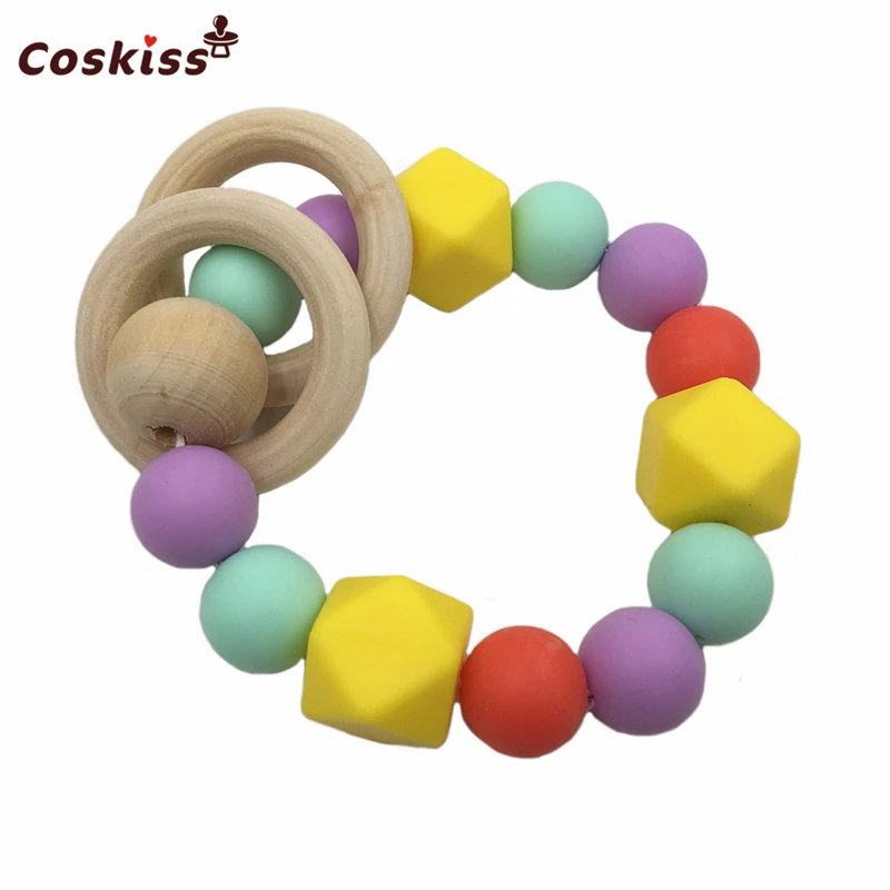 Pulsera mordedor para beb&eacute;, anillo de madera con cuentas de silicona, mordedor seguro para la Naturaleza, brazalete org&aacute;nico para beb&eacute;-2