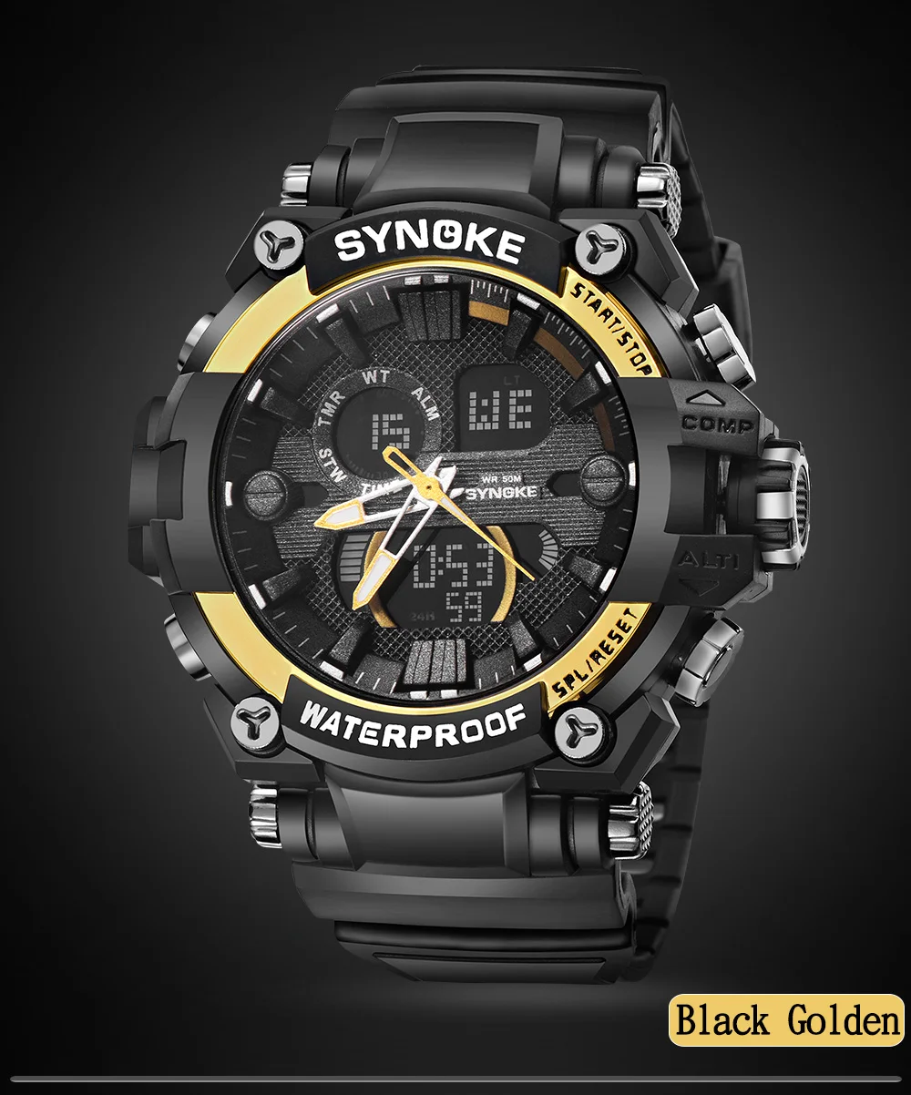 SYNOKE, мужские спортивные часы, цифровые часы с двойным хронографом, 50 м, водонепроницаемые часы с дисплеем недели, наручные часы, мужские часы