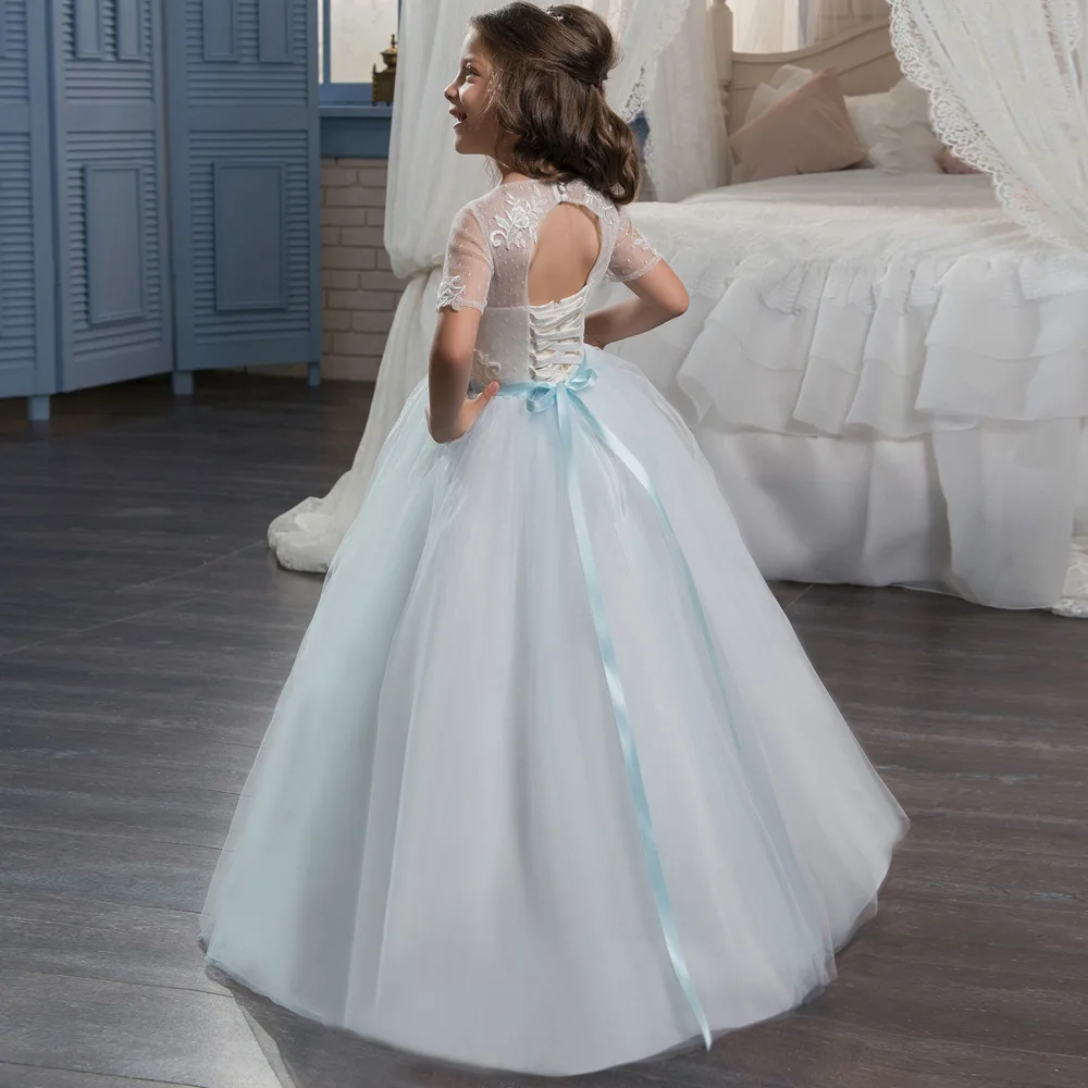 Glitz Elegant Light Blue Flower Girl Short Sleeves Pageant Dress Kids Ball Gowns Teen Lace Appliques First Communion Party | Детская