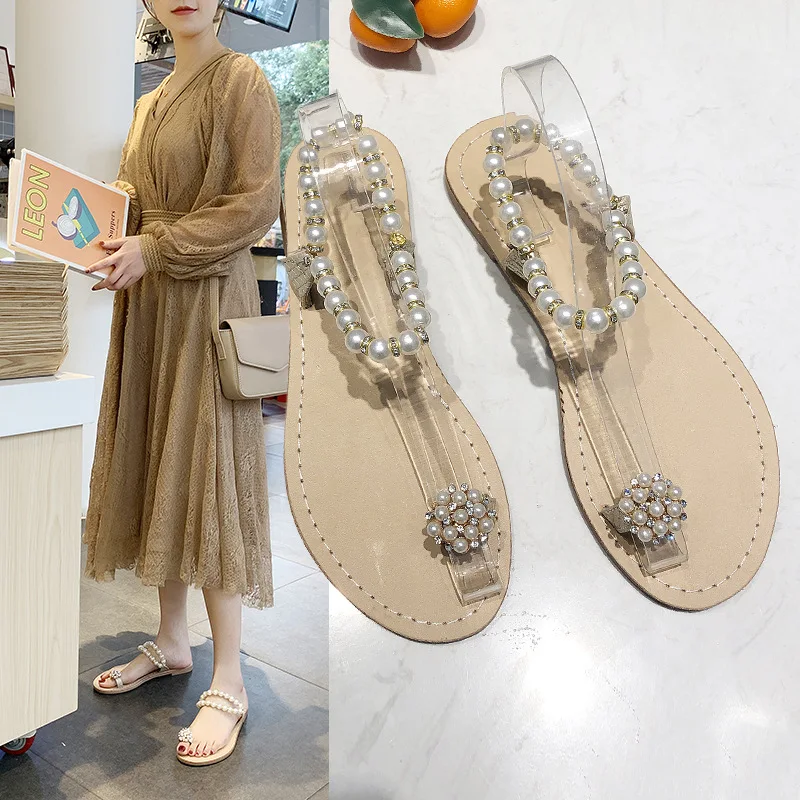 

Босоножки женские в этническом стиле, сандалии на Плоском Каблуке, Нескользящие, с кристаллами и жемчугом, лето 2019