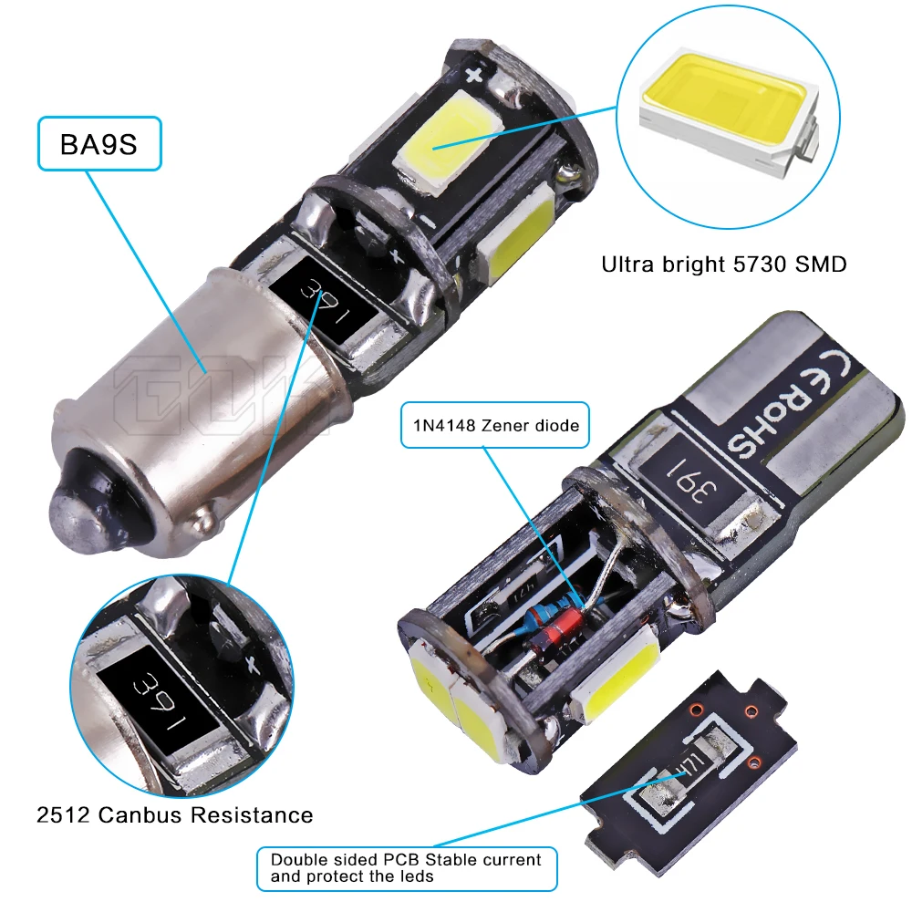 10 шт./лот Бесплатная доставка авто LED BA9S led canbus 194 W5W Canbus ba9s 6smd 5630 5730 Светодиодная