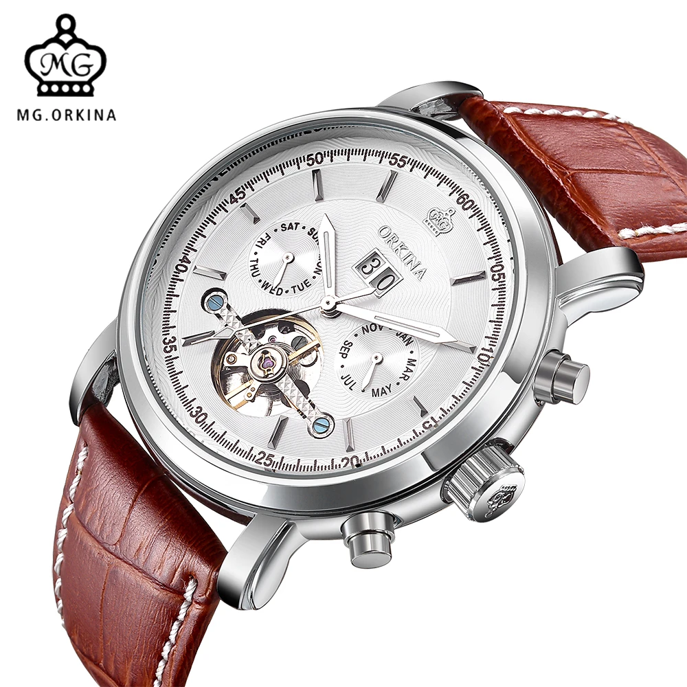 Часы мужские механические с кожаным ремешком и отображением даты|clock fashion|clock