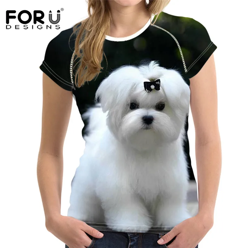 FORUDESIGNS/Милая женская футболка с принтом мальтийской собаки, короткий рукав, летняя дышащая Повседневная футболка для девочек, женские модные топы, футболки
