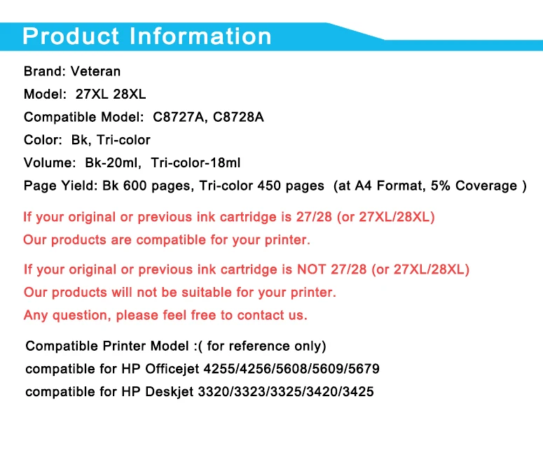 Veteran чернильный картридж 27XL 28XL замена для принтера hp 27 28 XL hp28 Deskjet 3320 3323 3325 3420 3425 4255