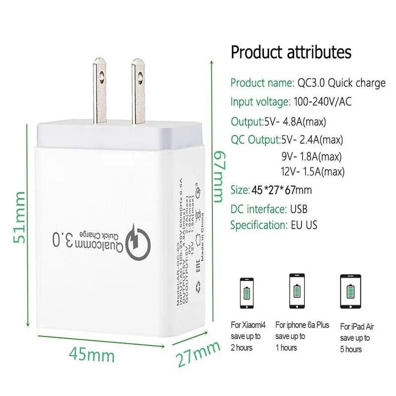 QC3.0 настенный телефон Зарядное устройство 3-Порты и разъёмы USB Plug Портативный путешествия быстрой зарядки для Ipad Iphone 11 XR XS 8 samsung S10 S9 смартфон