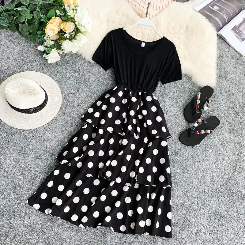 2019 новые модные женские платья платье в горошек сплошной цвет с короткими