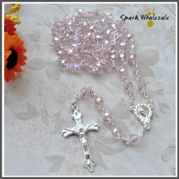 Высокое качество католические 6 мм белые хрустальные четки ожерелье Крест Иисуса