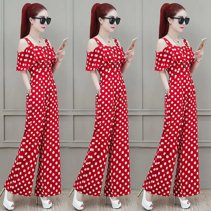

Chiffon Dot Jumpsuit Lotus Leaf Bodysuit Women Jumpsuits Ruffles Salopette Femme Macacao Feminino Combinaison Pantalon Femme