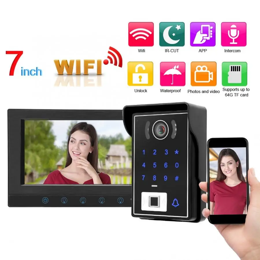 7 дюймов проводной Wifi видеодомофон дверной звонок ИК отпечатков пальцев карта