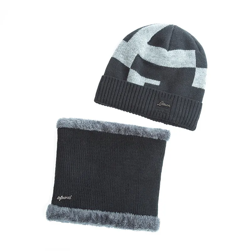 Set Black Light Gray Новинка, вельветовые зимние шапки для мужчин, высококачественный бини, шарф, набор, Мужская теплая шерстяная Толстая вязаная шапка, дизайн, шапочки для мужчин - Цвет: Set Black Light Gray