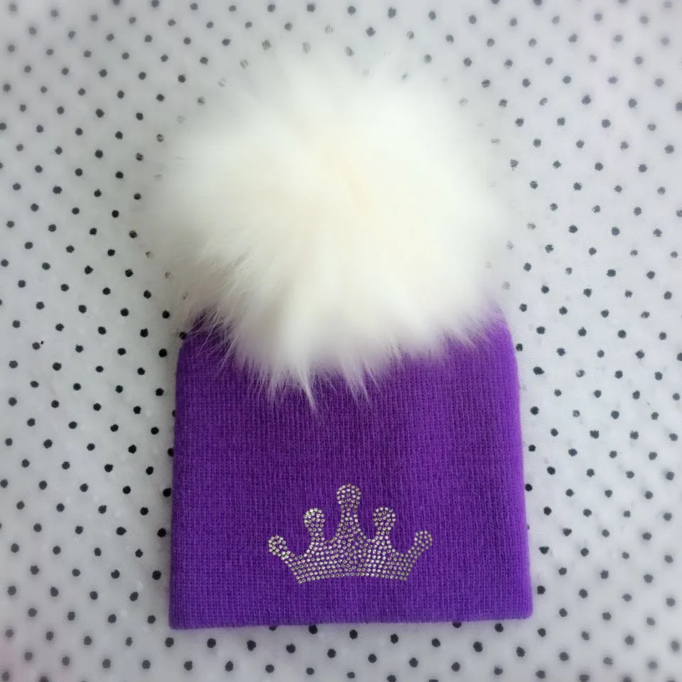 crown 2 purple 1 Детская вязаная теплая Зимняя шерстяная шапка с алмазной вышивкой для девочек и мальчиков, Детские повседневные шапочки короны с помпоном из искусственного меха - Цвет: crown 2 purple 1