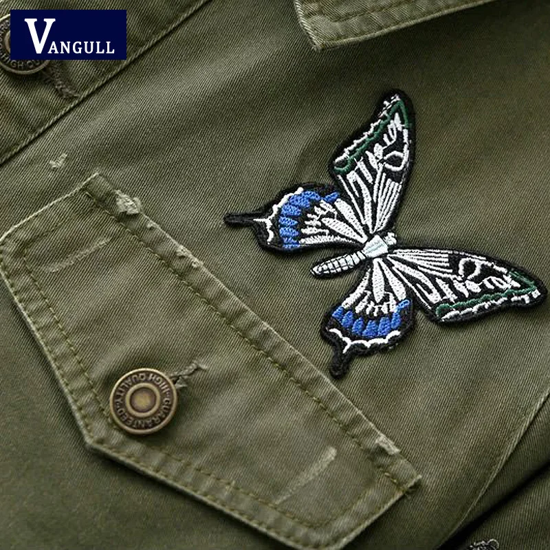 2017 Весна Army Green куртка с бабочками и цветами вышитые женщин Высокое качество