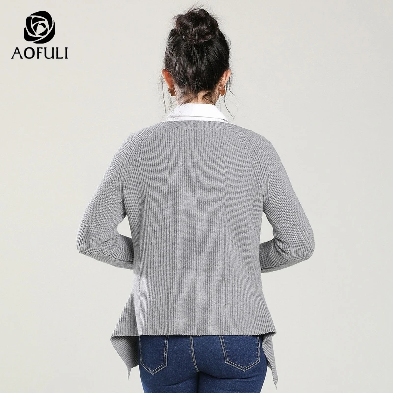 AOFULI Chic Plus Размеры Для женщин серый свитер трикотажный пуловер укороченный топ