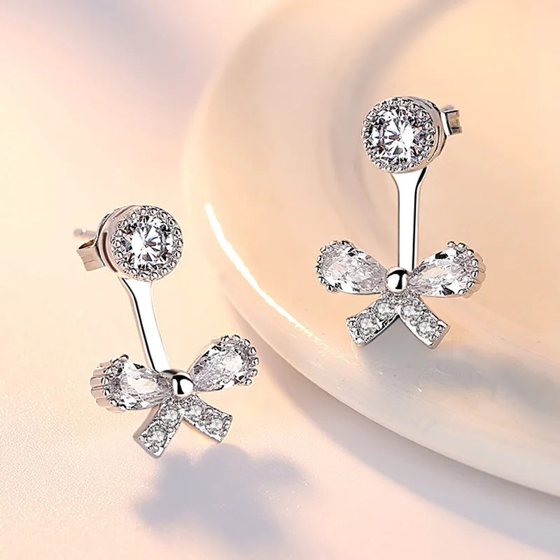 

925 Sterling Silver Shiny Crystal Bowknot Design Stud Earrings for Women Wholesale Jewelry Wedding Gift Hot Sale Drop Shipping