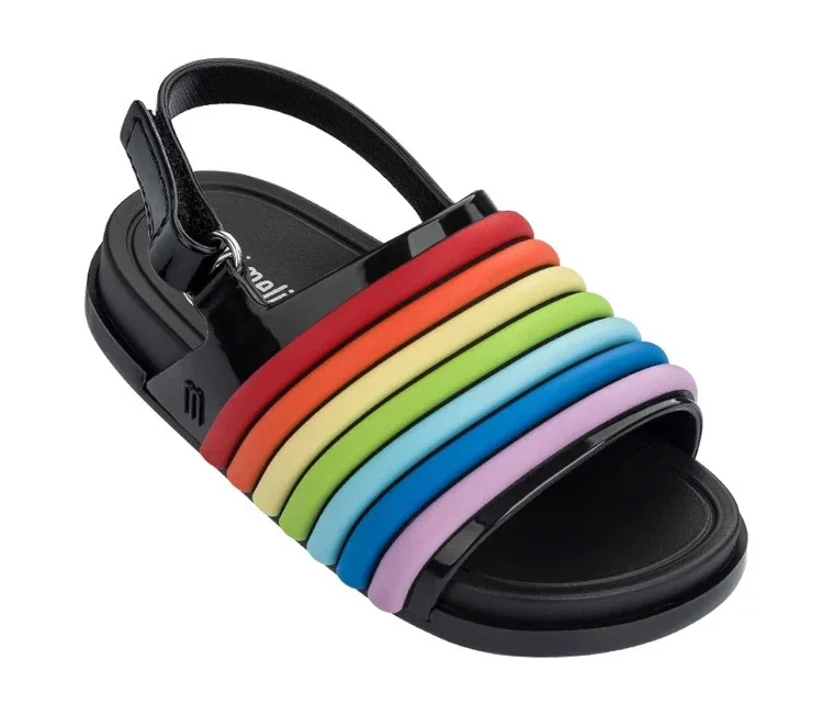 Mini Melissa/Новинка года; прозрачные сандалии в радужную полоску; обувь для девочек; нескользящие пляжные сандалии для девочек; Детские прозрачные сандалии Melissa - Цвет: Черный