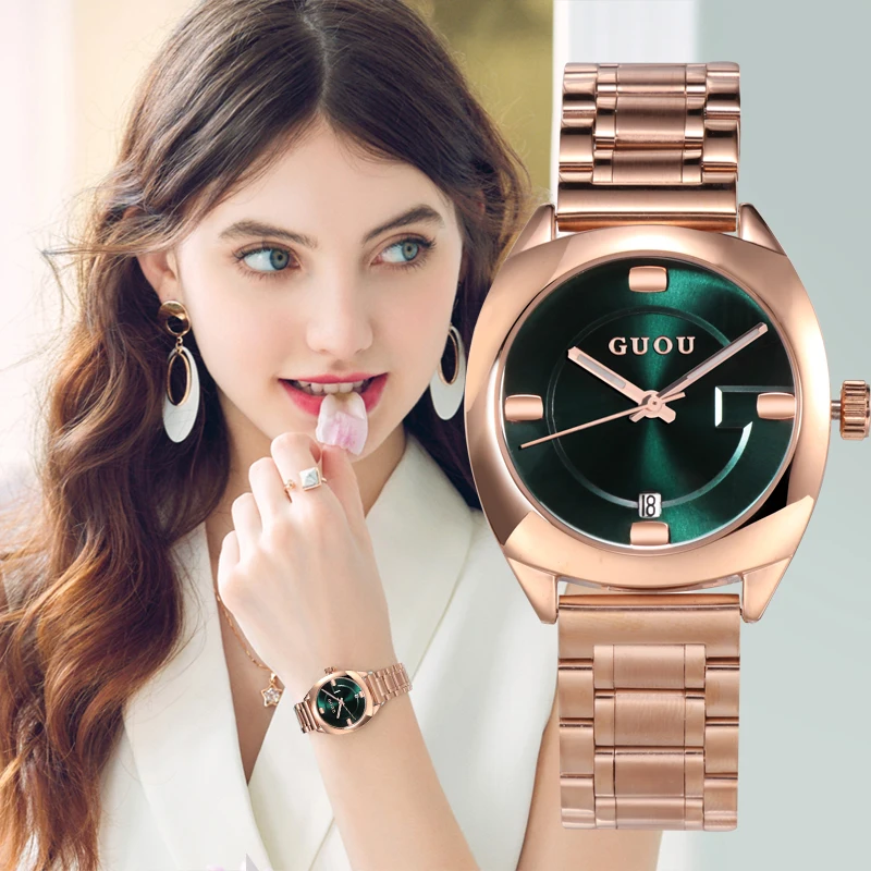 Женские Часы GUOU брендовые роскошные часы розового золота с календарем модные