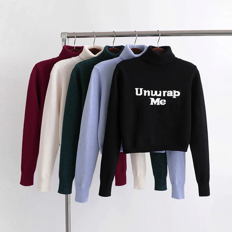 Women Rolled Neck Embroidery Letter Crop Knit Top | Женская одежда