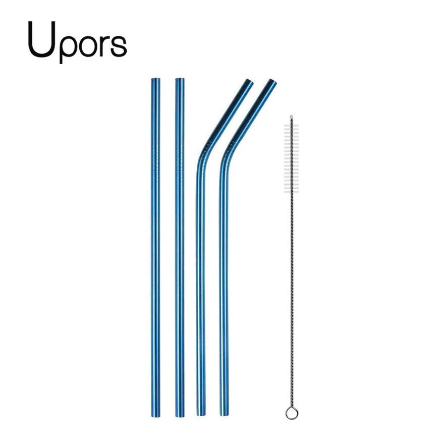blue UPORS многоразовый металлический питьевой соломы 304 соломинки из нержавеющей стали прямо согнуты питьевой соломы с чистильщиком косметичка - Цвет: blue