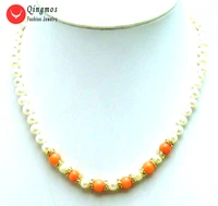 qingmos trendy natural pearl chokers necklace for women with 6mm pink coral 6 7mm white pearl necklace 17 fine jewelry 5837