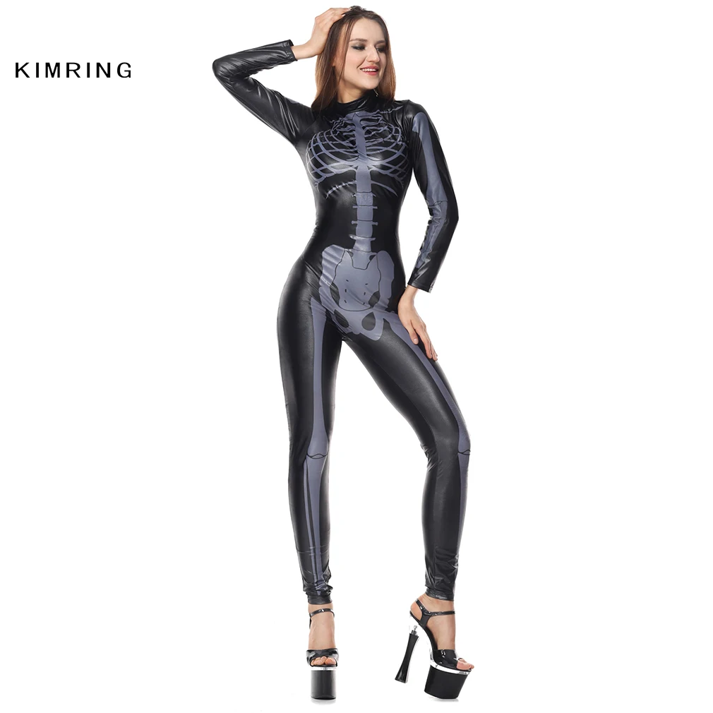 Kimring сексуальный костюм на Хэллоуин косплей черный комбинезон скелет талия Cincher