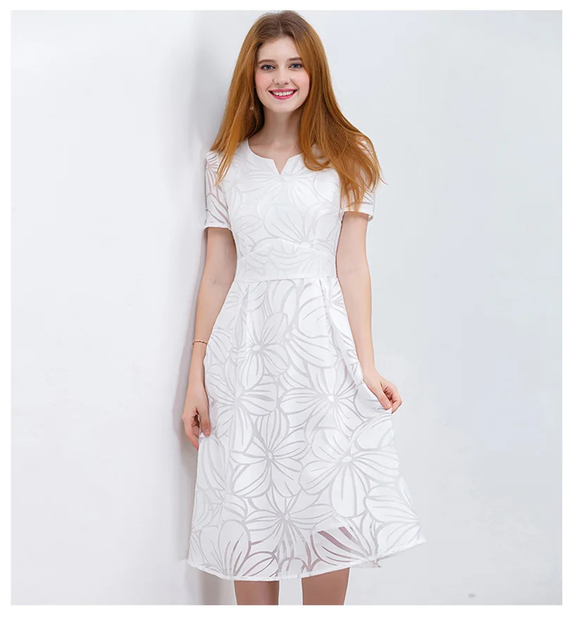 Только плюс S-XXL Для женщин белое платье короткий рукав A-Line MIDI вечерние платье Повседневное элегантный по колено Платья для женщин