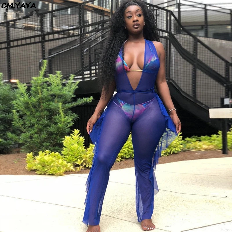 Женский сетчатый комбинезон облегающий клубный с v образным вырезом без рукавов