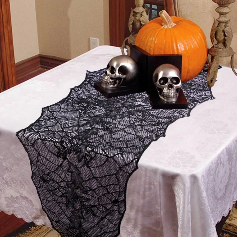 OurWarm 1pc Halloween Decoration 74x22 inch Black Lace SpiderWeb Tablecloth Leaf Table Runners Web Fireplace Mantle | Дом и сад