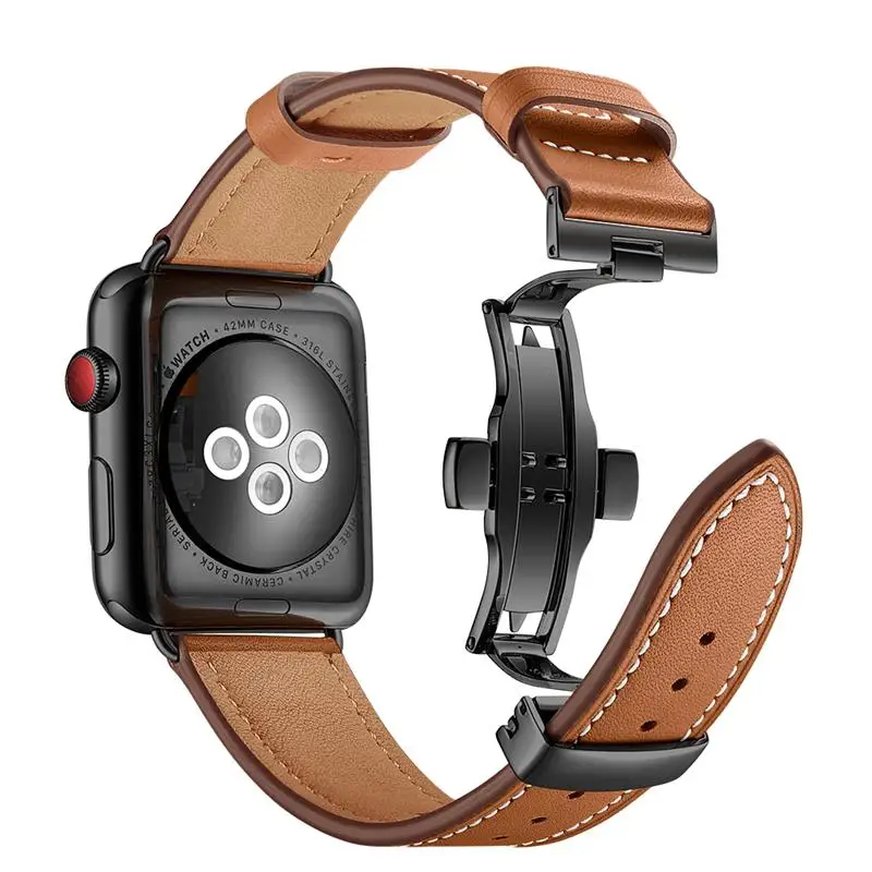 Высокое качество кожаный ремешок для наручных часов Apple Watch Series 4 44 мм 40 мм черный застежка-бабочка, браслет на запястье, ремешок для наручных часов iWatch 3/2/42 38 мм - Band Color: Brown