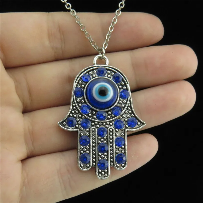 Gothic BlueTurkish Lucky Evil Eye Hamsa Hand Charms Necklaces Women Fatima Hand Ojo Turco Pendant Collier Jewelry Making Bulk