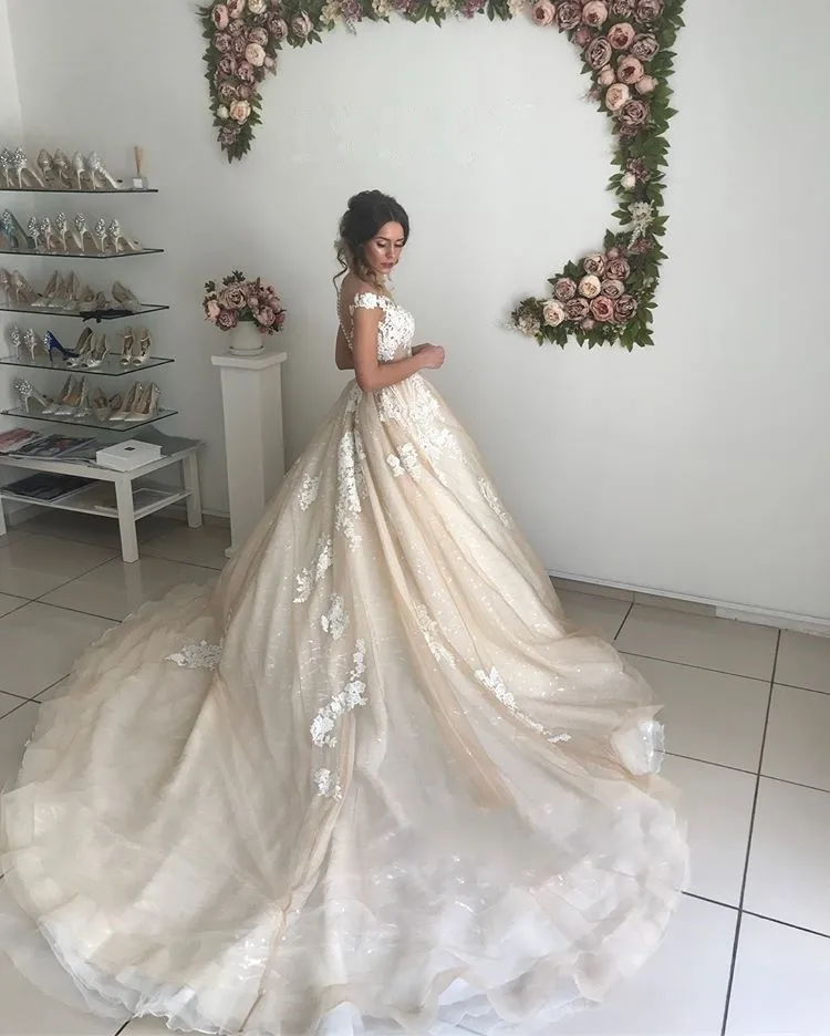 Модное свадебное платье А силуэта с длинным шлейфом без рукавов аппликацией из