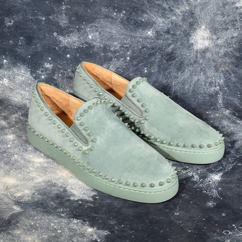 Suede Leather Pattern Flats Men Studded Spikes Red Thick Sole Loafers Male Round Toe Slip On Casual Shoes Rivets Green 48 | Обувь