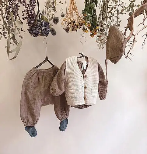 2018 ins для малышей Leisure Suit наряды из хлопка и льна Футболки топы брюки 2 шт.