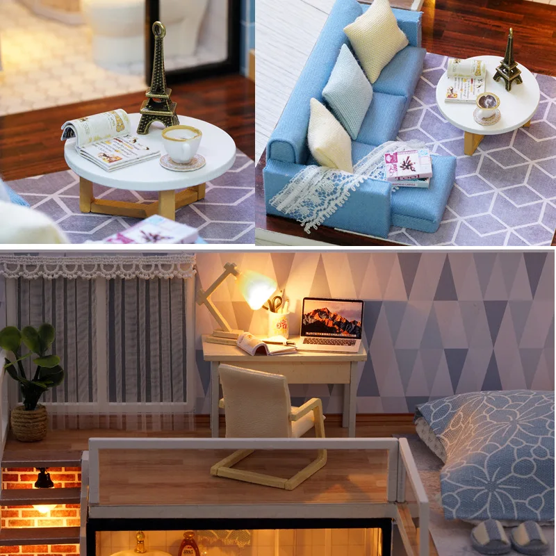 Кукольный домик Blue Time с мебелью музыкальная Обложка миниатюрная DIY House украшения модель подарок украшения Управление способности детей друг