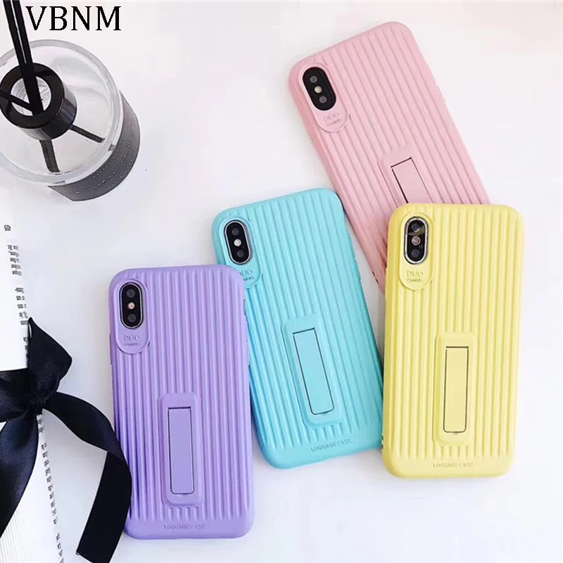 For iphone 6s 6 X XS 7 8 Plus Candy Color Suitcase Silicon Kickstand Phone Cases Case Hide Stand Holder Cover Coque |